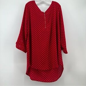 Red 1/4 Zip Tunic Blouse White Polka Dots 2XL Whimsical Lightweight Worthington